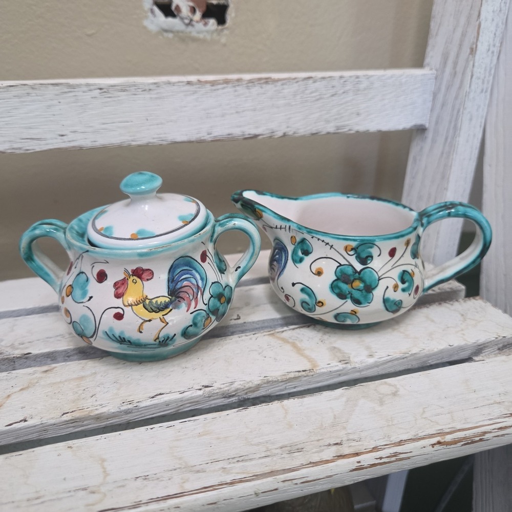 Vintage Italian Made Ceramic Cream and Sugar Bowl Set Blue Floral Rooster Italy